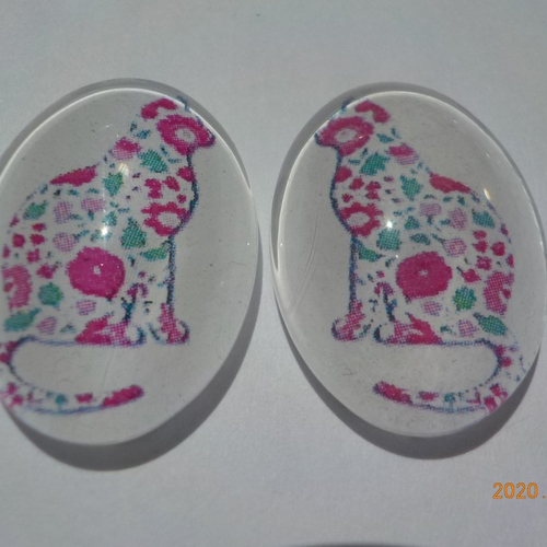 Lot de 2 cabochons, ovale, chat, liberty, fuchsia, en verre 18 x 25 mm