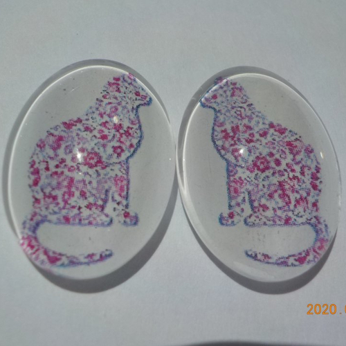 Lot de 2 cabochons, ovale, chat, liberty, fuchsia, en verre 18 x 25 mm