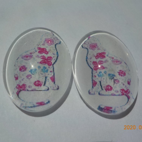 Lot de 2 cabochons, ovale, chat, liberty, fuchsia, en verre 18 x 25 mm