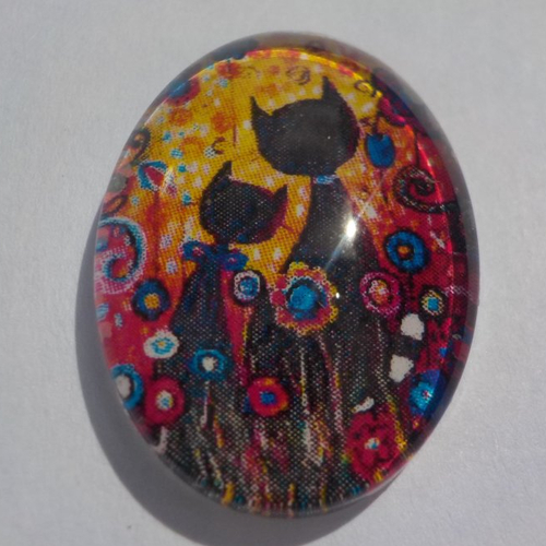 Cabochon, ovale, chats, noir, en verre 25 x 18 mm, noir, multicolore, jaune,