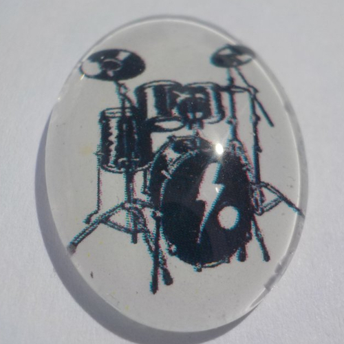 Cabochon, ovale, musique, batterie, blanche, noir, en verre 25 x 18 mm