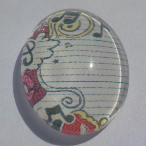 Cabochon, ovale, note de musique, noir, blanc, en verre 25 x 18 mm