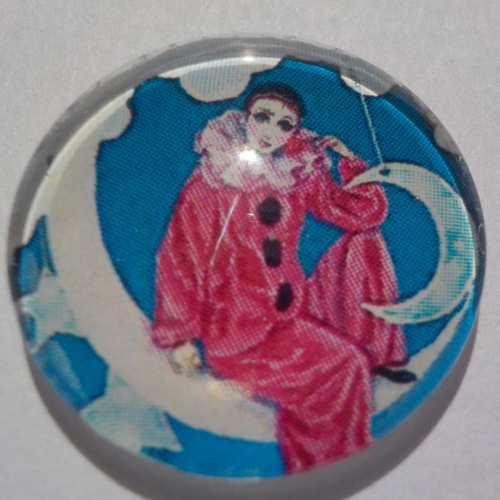 Cabochon de verre, pierrot sur la lune, 20 mm, bleu, rouge, blanc,