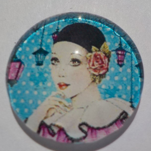 Cabochon de verre, pierrot, 20 mm, rose, bleu,