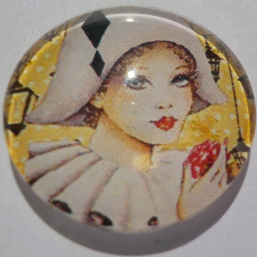 Cabochon de verre, pierrot, 20 mm, blanc, jaune,