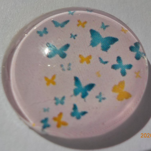 Cabochon de verre, envolé de papillons, rose, bleu, orange, 20 mm,