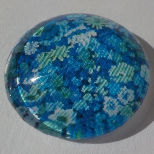 Cabochon de verre, image de fleurs turquoises et blanches, 20 mm,