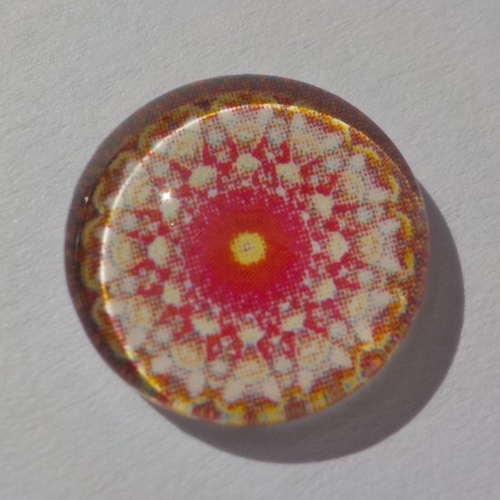 Cabochon de verre, image de mandala, beige et bordeaux,14 mm,
