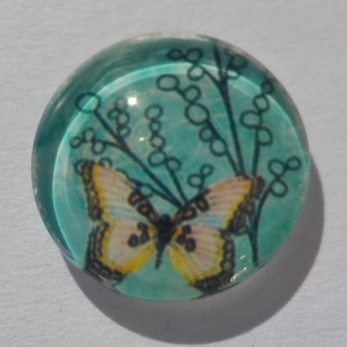 Cabochon de verre, image papillons, turquoise, beige,14 mm,