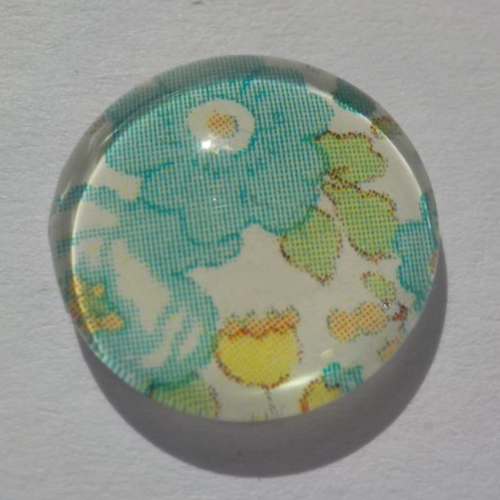 Cabochon de verre, image de fleurs,14 mm, turquoise, jaune,