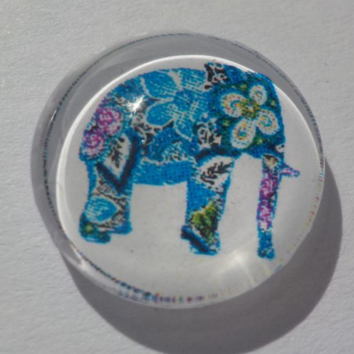 Cabochon de verre, image d'éléphant,14 m, noir, bleu,