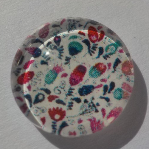 Cabochon de verre, image fleurs, multicolore,14 mm, blanc, rouge, turquoise,
