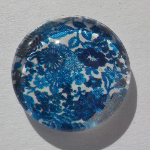 Cabochon de verre liberty, image fleurs, bleu,14 mm,