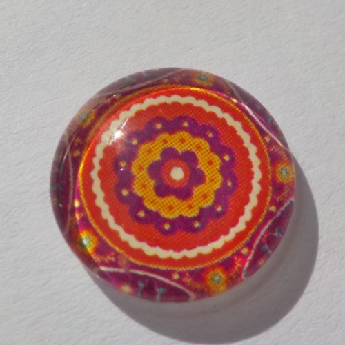 Cabochon de verre, image mandala, bordeaux, orange,14 m,