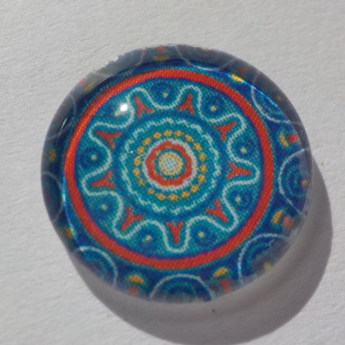 Cabochon de verre, image mandala, bleu, rouge, blanc,