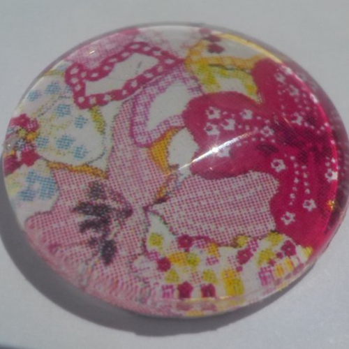 Cabochon avec son image de fleurs liberty, rose, violet, vert, jaune, en verre, rond, 18 mm