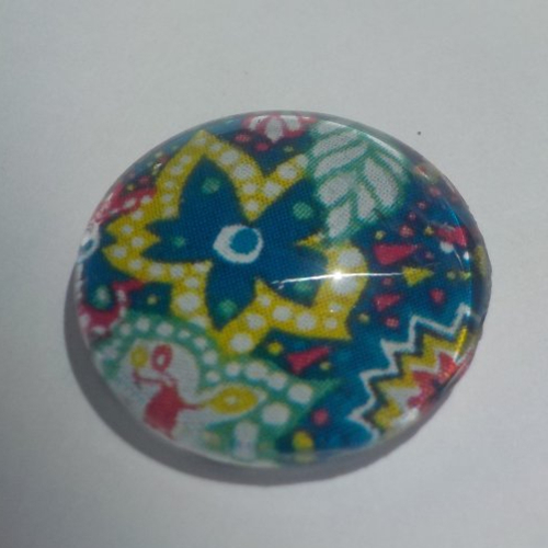 Cabochon avec son image de fleurs liberty, bleu, verte, jaune, en verre, rond, 18 mm