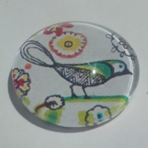 Cabochon avec son image d'oiseau, vert, blanc, rouge, en verre, rond, 18 mm