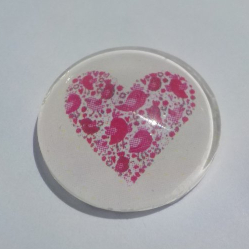 Cabochon avec son image de coeur, oiseaux, animaux, en verre, rond, 18 mm