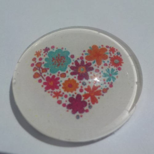 Cabochon avec son image de coeur, fleurs, florale, en verre, rond, 18 mm