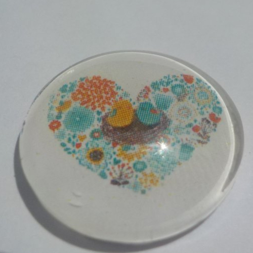 Cabochon avec son image de coeur, oiseau, fleurs, florale, en verre, rond, 18 mm, turquoise, orange,