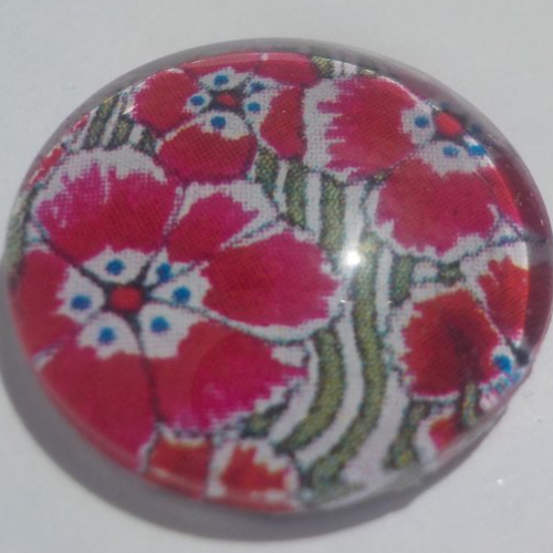 Cabochon avec son image de coeur, fleurs, florale, en verre, rond, 18 mm, rouge,