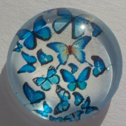 Cabochon en verre, envolé de papillons, bleu, rond, en 20 mm,