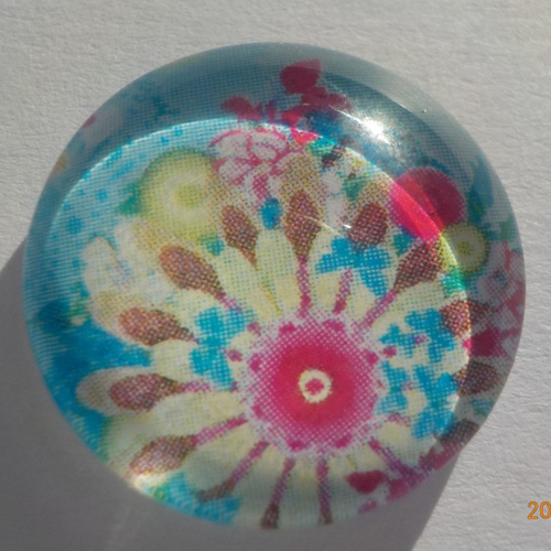 Cabochon en verre, fleur, rond, en 20 mm, rose, jaune