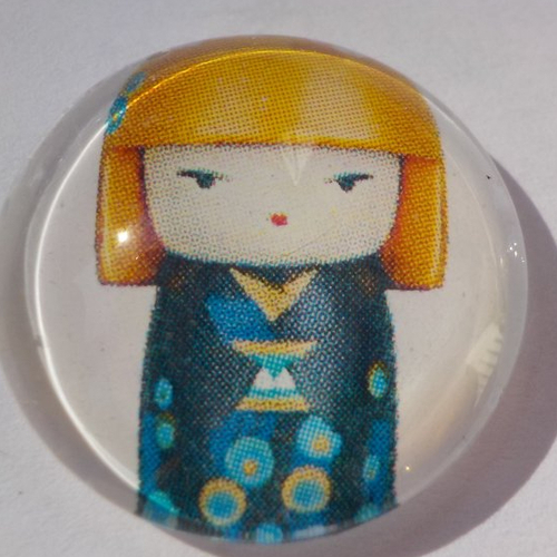 Cabochon avec son image de poupée chinoise, multicolore, en verre, rond, 20 mm, jaune, bleu,