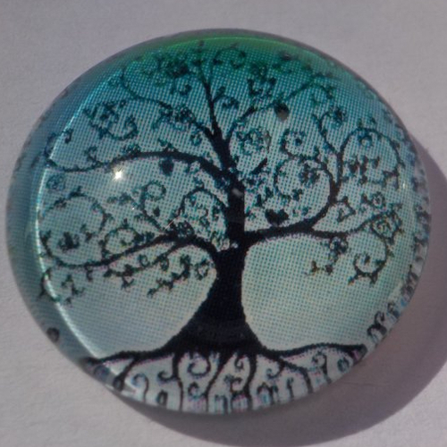 Cabochon avec son image arbre de vie, vert, noir, en verre, rond, 20 mm