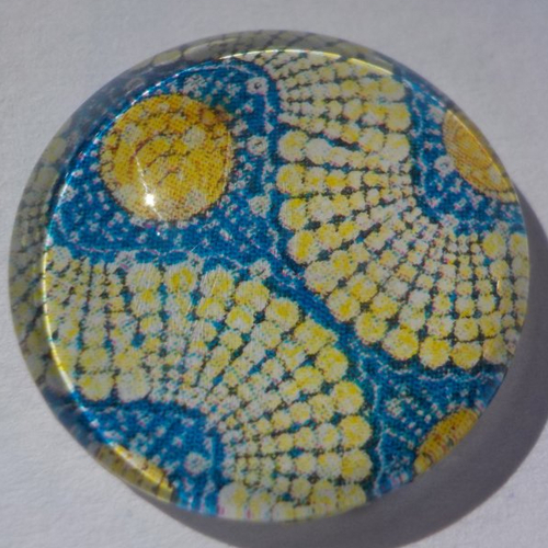 Cabochon avec son image géométrique, bleu, jaune, en verre, rond, 20 mm