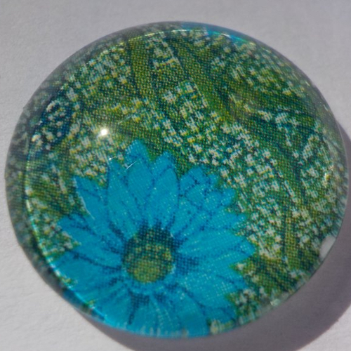 Cabochon avec son image géométrique, vert, bleu, en verre, rond, 20 mm