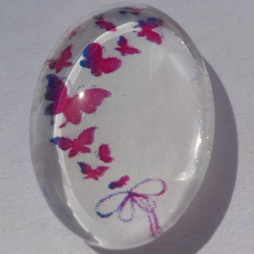 Cabochon de verre papillons, ovale, 13x18 mm, rose, blanc,