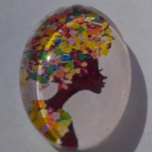 Cabochon de verre visage de femme, ovale, 13x18 mm, multicolore