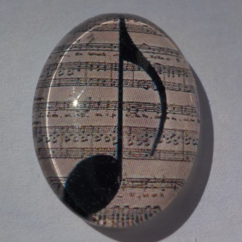 Cabochon de verre note de musique, ovale, 13x18 mm, beige, noir,