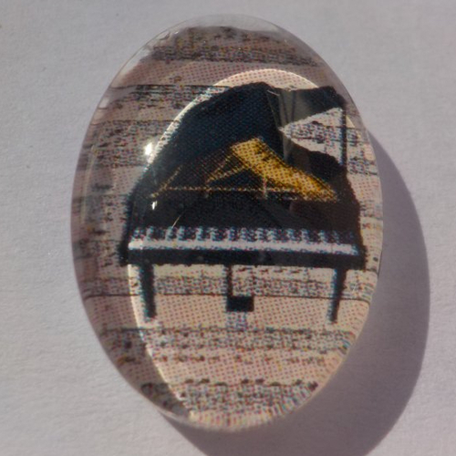 Cabochon, en verre, ovale, 18 x 25 mm, beige, noir, piano,