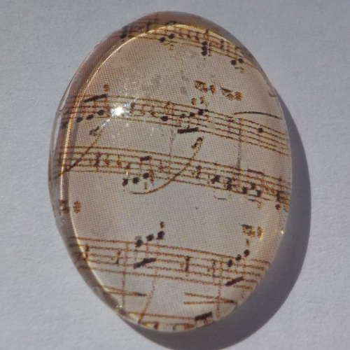 Cabochon note de musique, en verre, ovale, 18 x 25 mm, beige, noir,