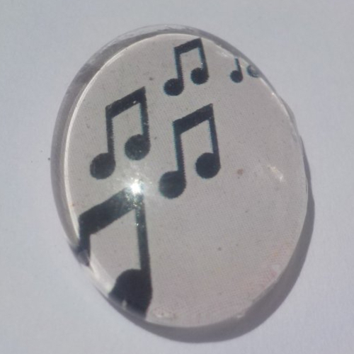 Cabochon note de musique, en verre, ovale, 18 x 25 mm, beige, noir,