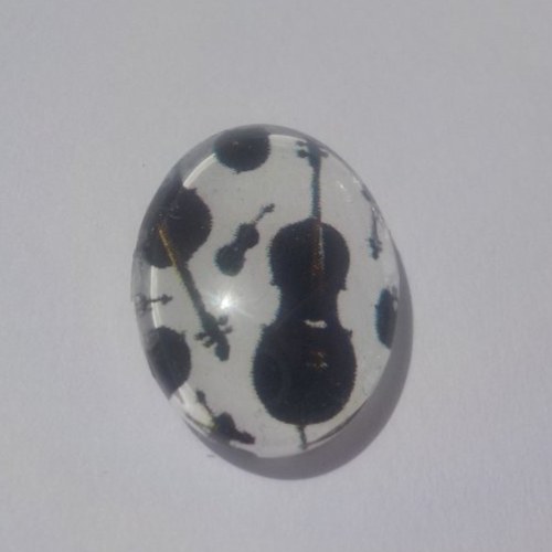 Cabochon musique, en verre, ovale, 18 x 25 mm, beige, noir,