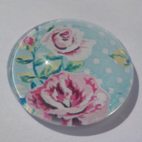 Cabochon fleur rose, 20 mm, verre, rose, bleu, blanc
