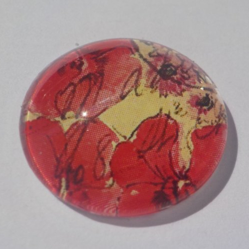 Cabochon fleurs rouges et jaunes, 20 mm, verre,