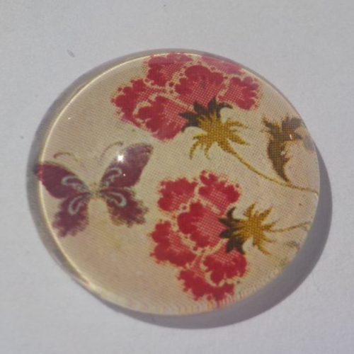 Cabochon fleur et papillon, 20 mm, verre, corail, beige, marron,