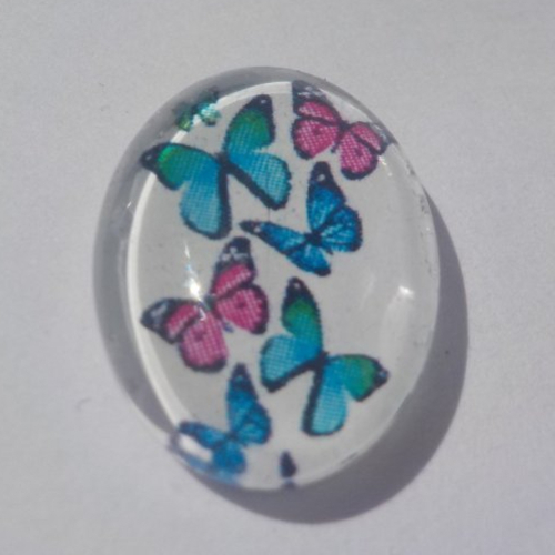 Cabochon papillons, ovale, 13x18 mm, verre, vert, rose,