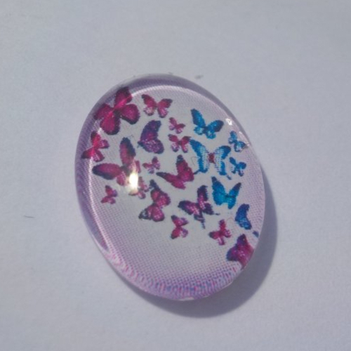 Cabochon papillons, ovale, 13x18 mm, verre, dégradé bleu et rose,