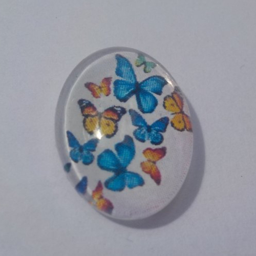 Cabochon papillons, ovale, 13x18 mm, verre, bleu, orange