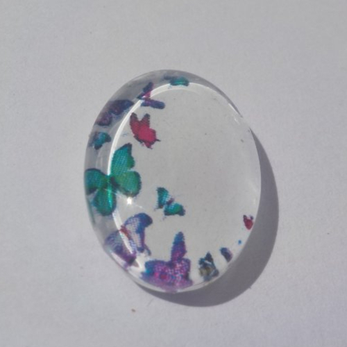 Cabochon papillons, ovale, 13x18 mm, verre, multicolore, vert, rouge,