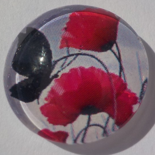 Cabochon fleurs coquelicot et papillons/18 mm/confection bijoux/verre/rouge/gris/noir