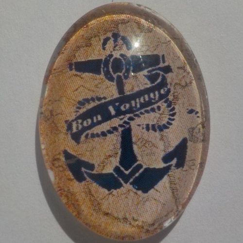 Cabochon marinière, ovale, 18x25 mm, verre, beige, bleu marine,