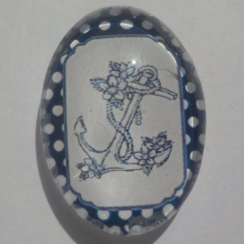 Cabochon marinière, ovale, 18x25 mm, verre, blanc, bleu marine,
