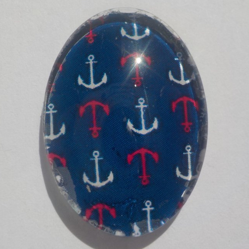 Cabochon encre marinière, ovale, 18x25 mm, verre, rouge, bleu marine,blanc